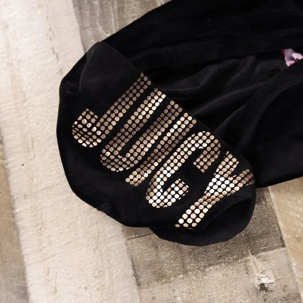 Juicy Couture‎ Girls Velour Hoodie Large Black Crown Logo Zip Up Juicy Hood